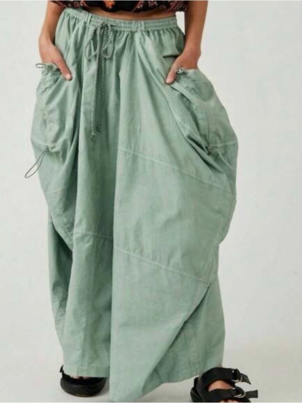 Free People Jilly Maxi Skirt Smocked Waist Cord Parachute Green XS